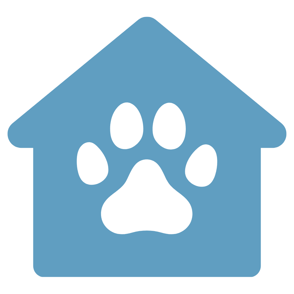 Blue house icon with a black paw print, representing pet-friendly home.