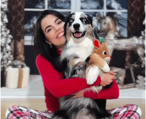Woman hugging an Australian Shepherd dog with a reindeer plush toy.