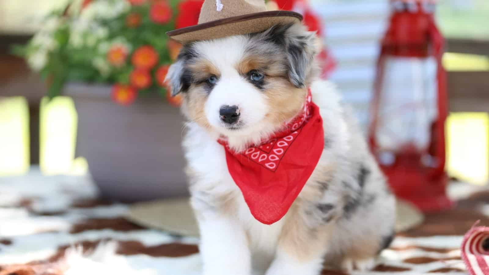 Blue Buckaroo Mini Aussie puppy sitting outside