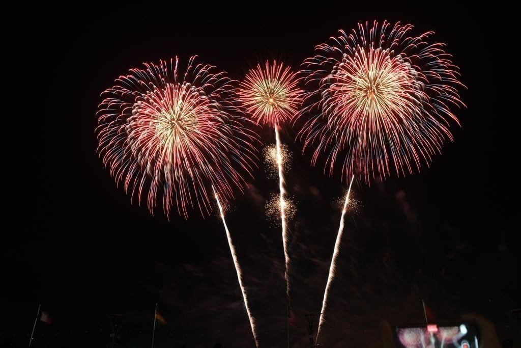 Dazzling fireworks burst in the night sky, showcasing a vibrant celebration with colorful explosions.